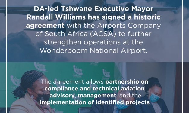 Williams administration signs historic MOU with Airports Company South Africa to advance the operations of Wonderboom National Airport.