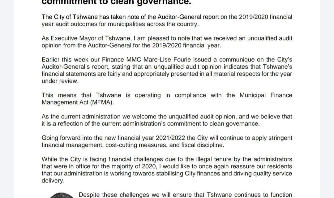 Tshwane’s unqualified audit opinion reflects our commitment to clean governance