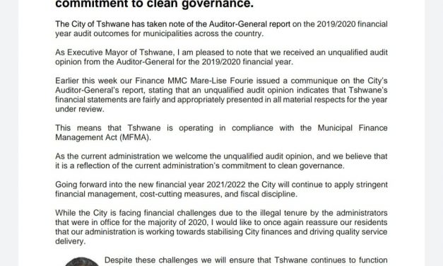Tshwane’s unqualified audit opinion reflects our commitment to clean governance