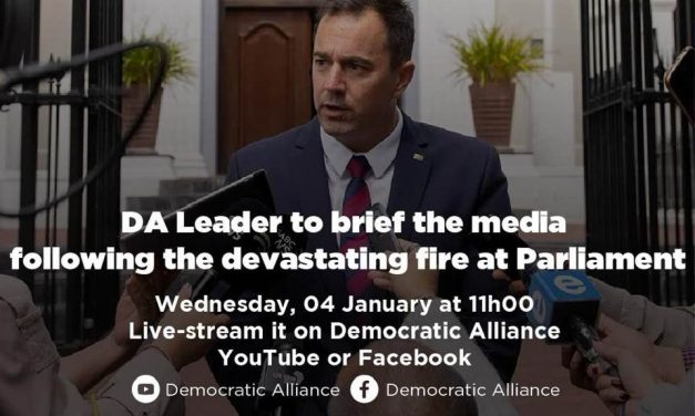 DA Leader Steenhuisen briefs the media following the devastating fire at Parliament