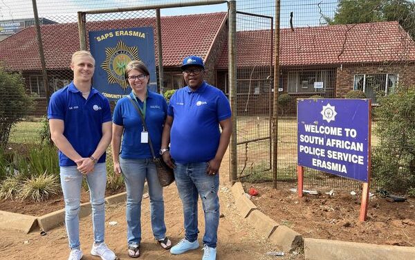 Crezane Bosch, MPL is with Cllr Themba Fosi and Cllr Sean Cox at Erasmia Police Station