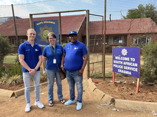 Crezane Bosch, MPL is with Cllr Themba Fosi and Cllr Sean Cox at Erasmia Police Station