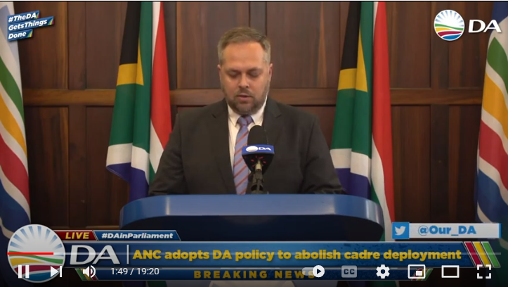 DA announces national breakthrough – ANC adopts DA policy to abolish cadre deployment