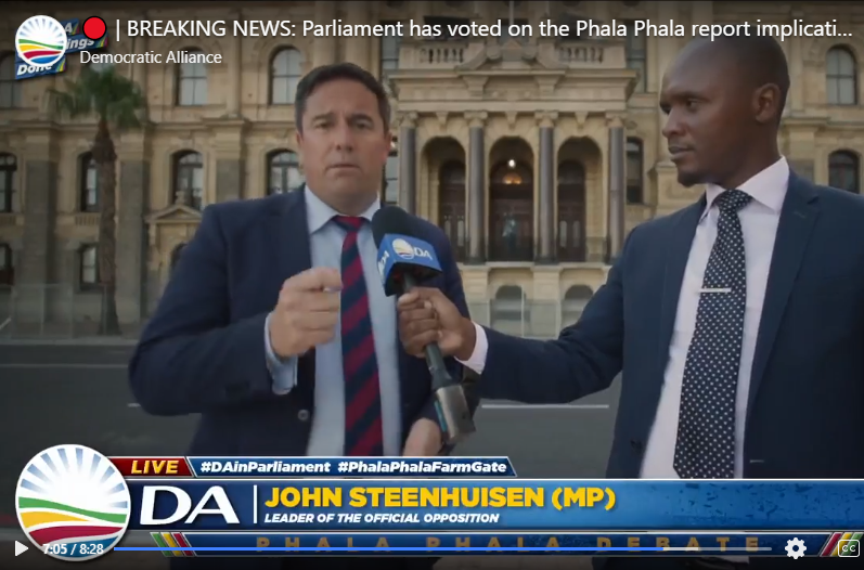 DA Leader, John Steenhuisen, reacts to Parliament’s vote on the Phala Phala farm scandal